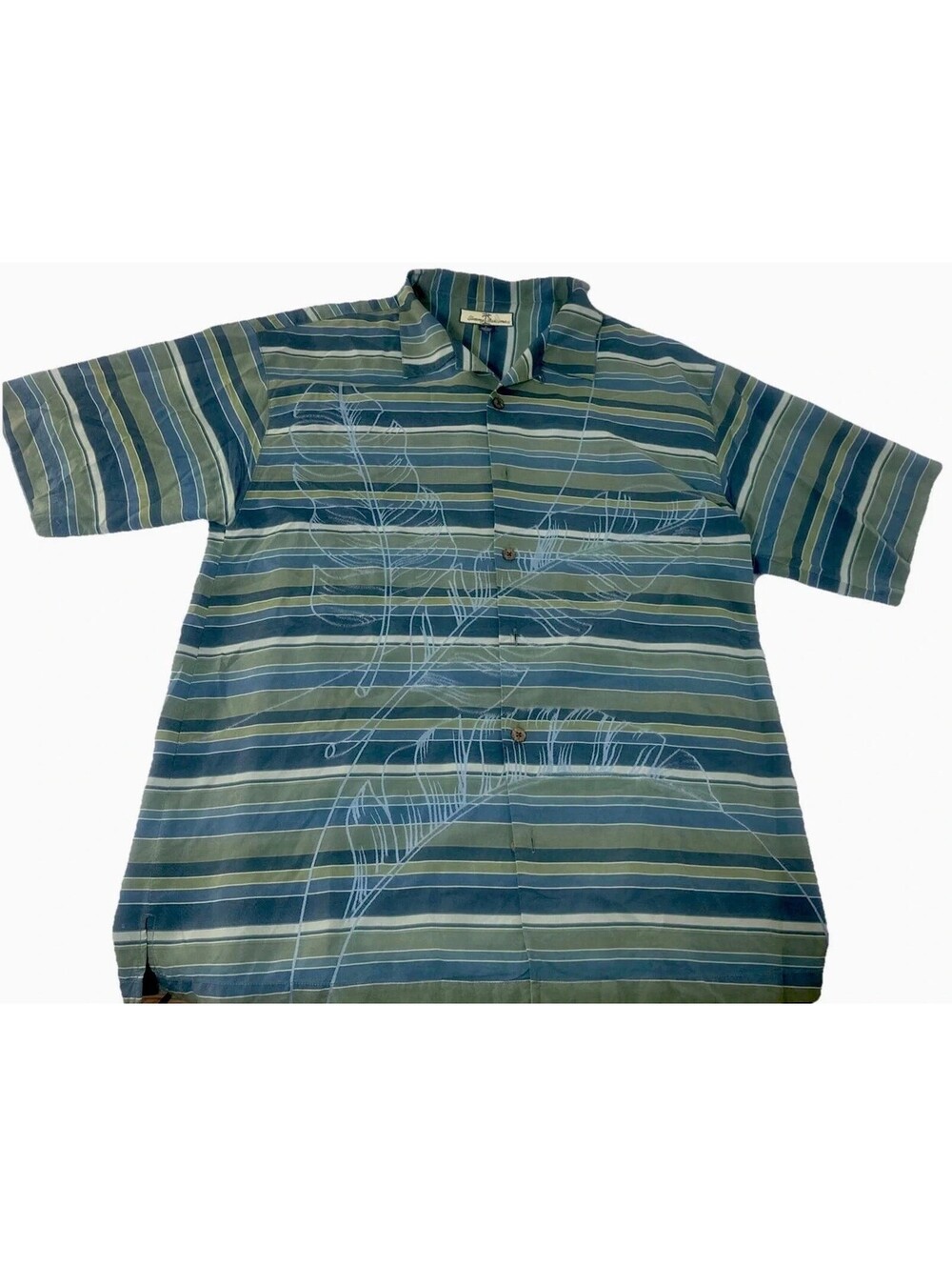 Tommy Bahama Mens L Silk Camp Shirt Green Striped Tropical Leaf Aloha Resort